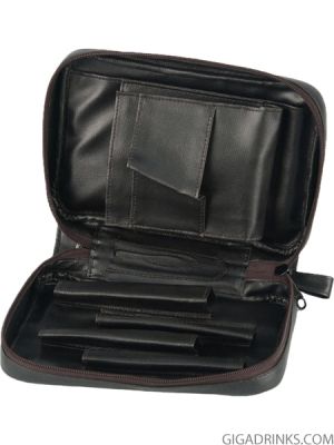 Pipe bag leather black for 4 pipes with flap and compartment f. tobacco box
